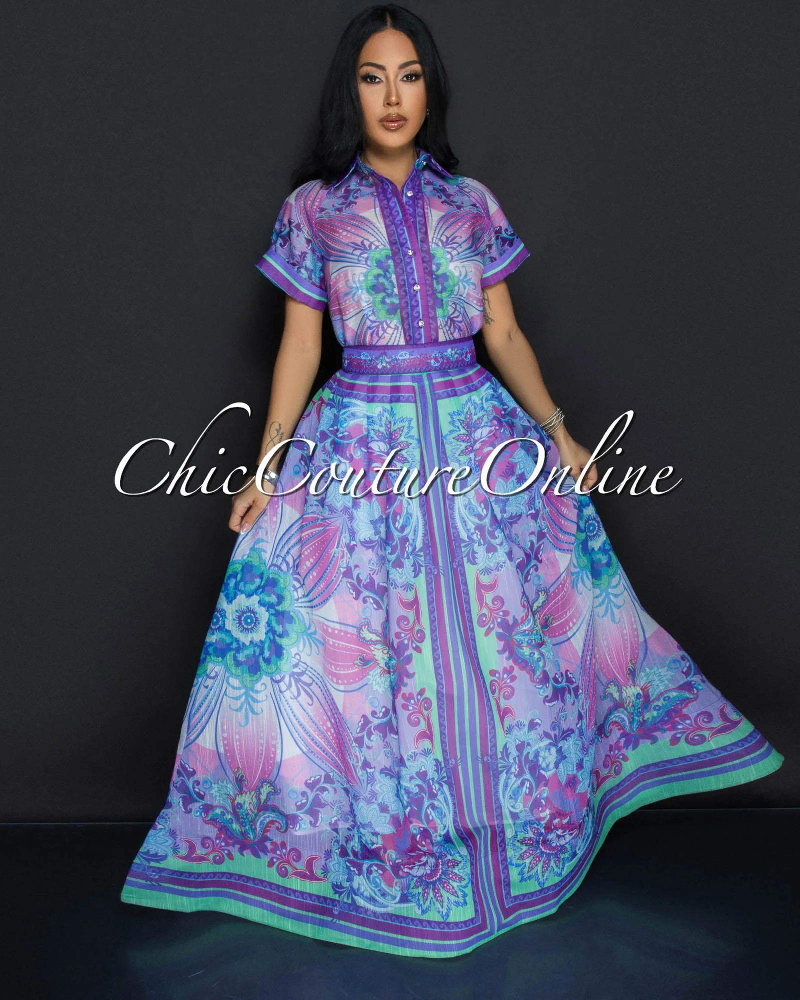 *Aramis Purple Multi-Color Flower Top & Maxi Skirt Set sold by Chic Couture
