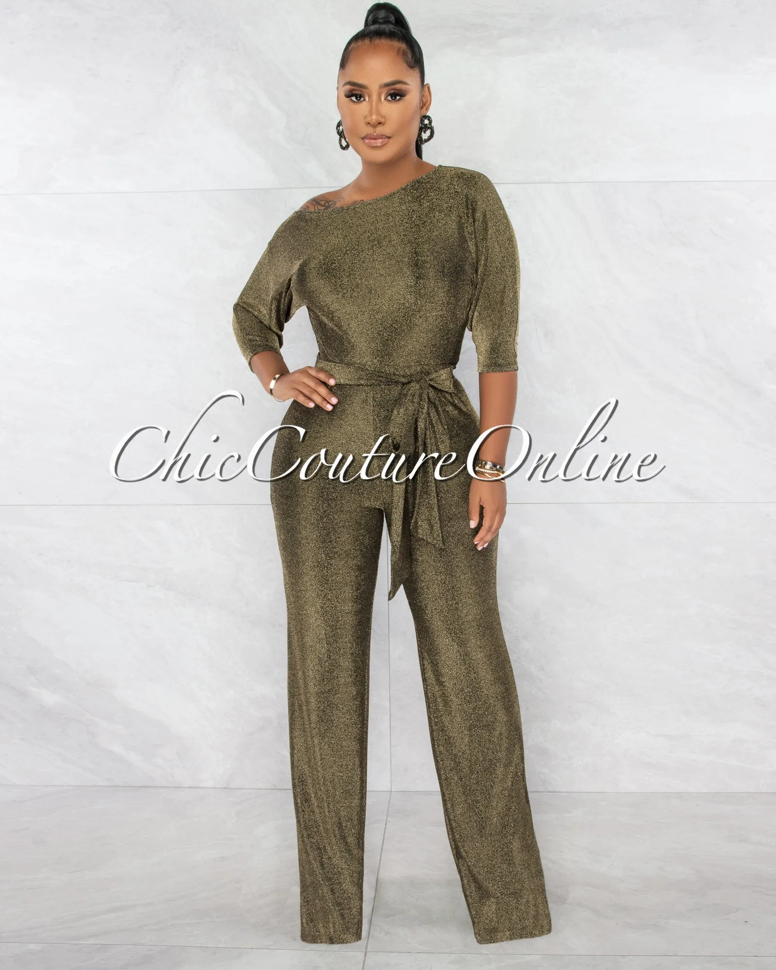 *Ruby Black Gold Shimer Crop Top & Wide Pants Set sold by Chic Couture