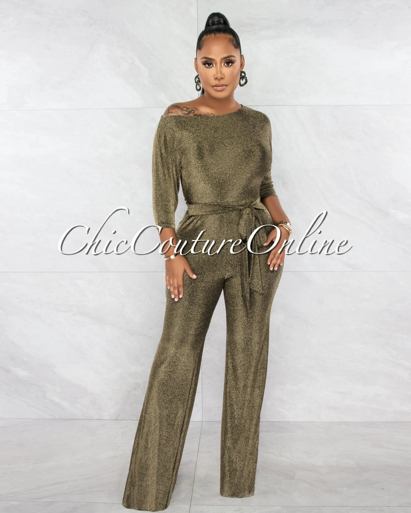 *Ruby Black Gold Shimer Crop Top & Wide Pants Set sold by Chic Couture product image thumbnail 2