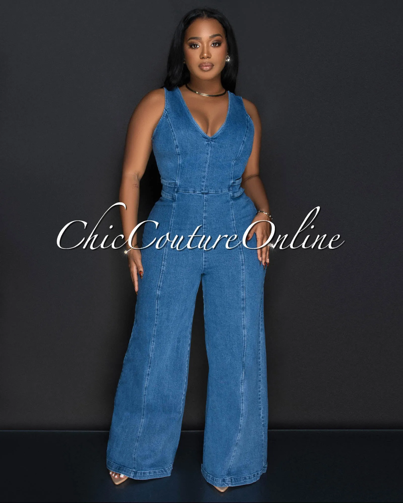 Jiera Denim Sleeveless Wide Legs Jumpsuit sold by Chic Couture product image thumbnail 3
