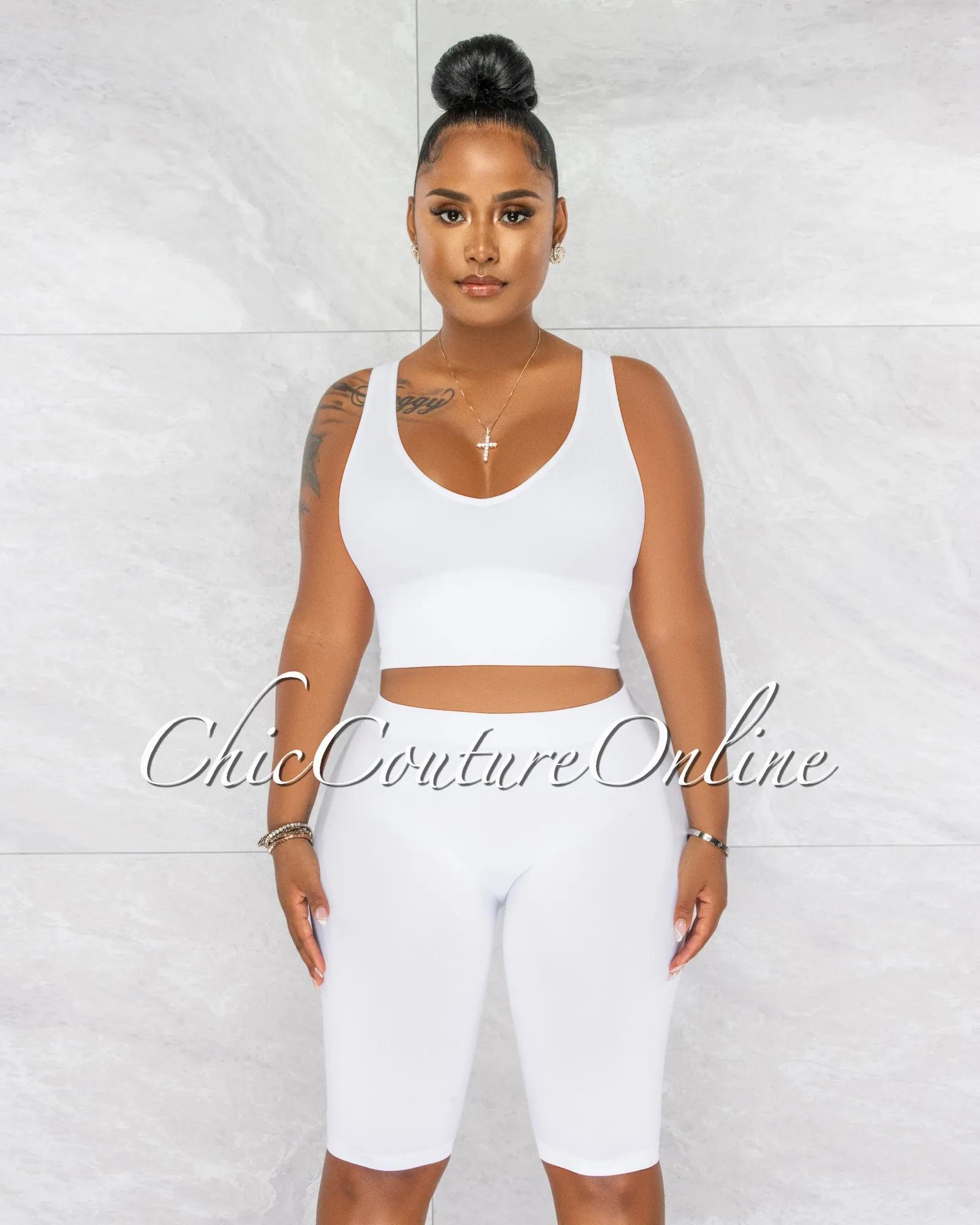 *Jaiden White Ribbed Crop Top & Bike Shorts Set sold by Chic Couture