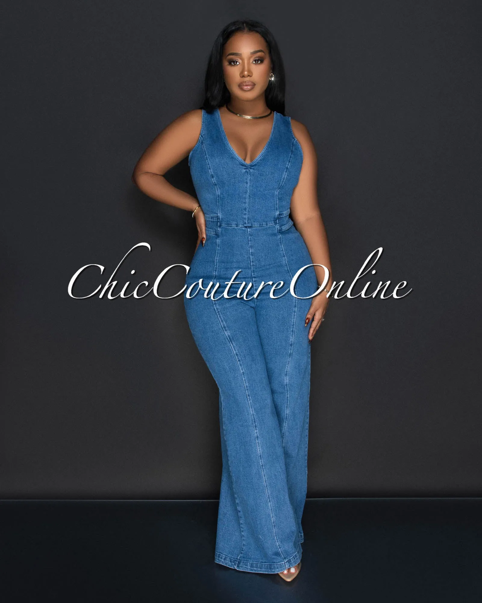 Jiera Denim Sleeveless Wide Legs Jumpsuit sold by Chic Couture
