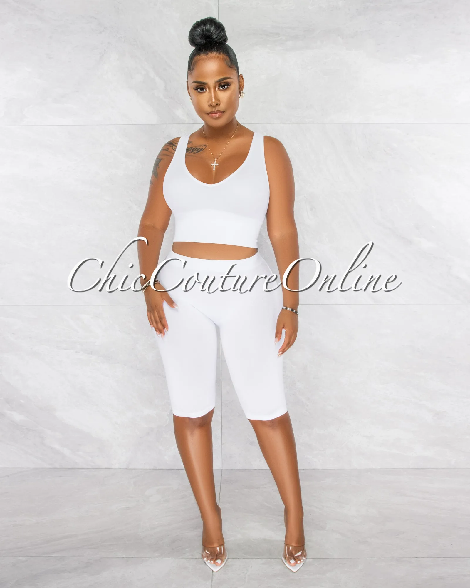 *Jaiden White Ribbed Crop Top & Bike Shorts Set sold by Chic Couture product image thumbnail 2