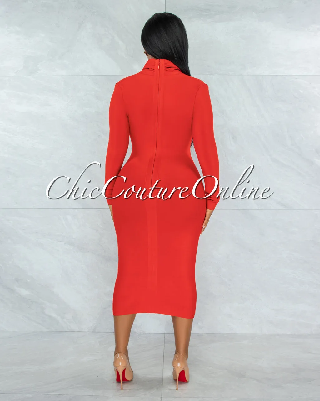 *Athina Red Draped Details Bandage Midi Dress sold by Chic Couture product image thumbnail 4