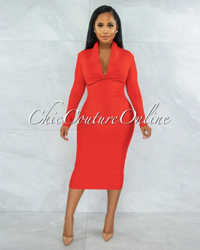 *Athina Red Draped Details Bandage Midi Dress sold by Chic Couture