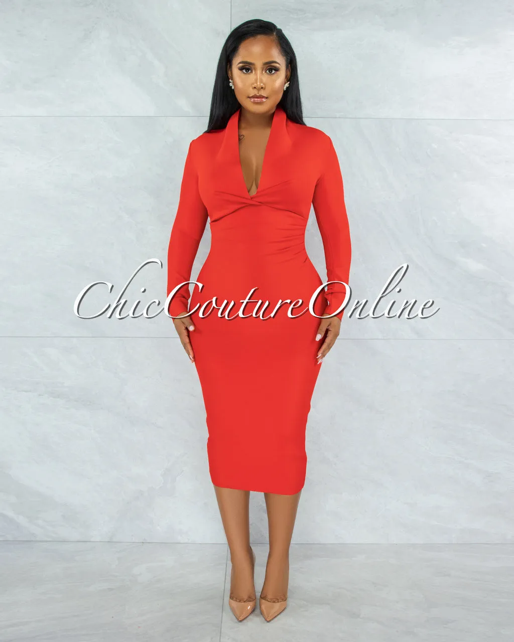 *Athina Red Draped Details Bandage Midi Dress sold by Chic Couture product image thumbnail 2