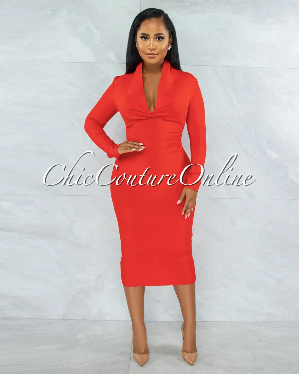 *Athina Red Draped Details Bandage Midi Dress sold by Chic Couture product image thumbnail 3