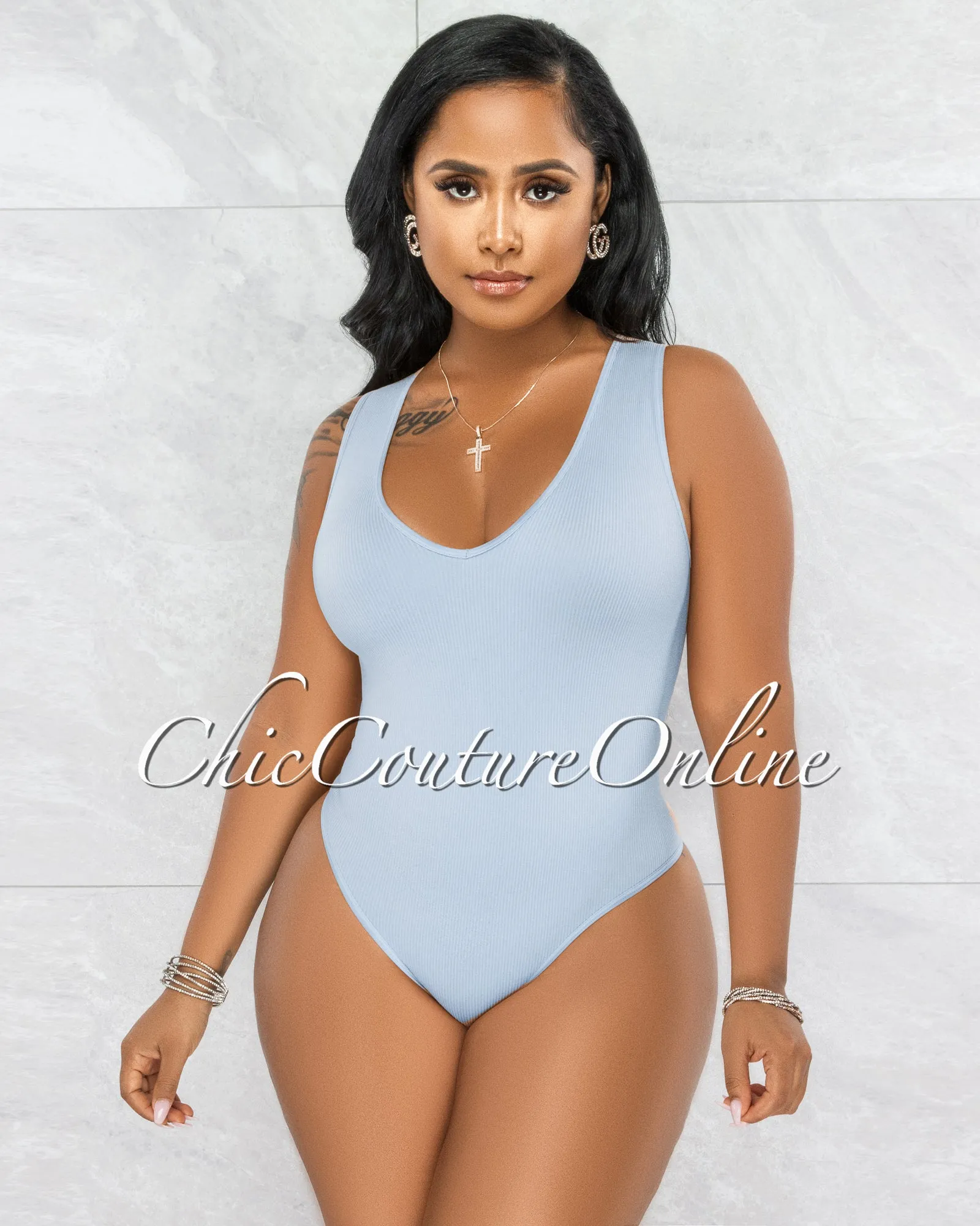 Busie Windy Blue V-Neck Ribbed Body-Con Bodysuit sold by Chic Couture