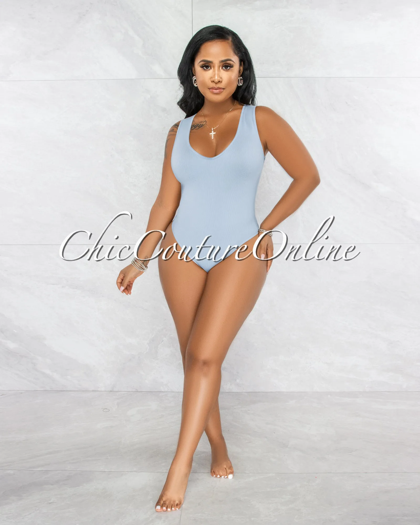 Busie Windy Blue V-Neck Ribbed Body-Con Bodysuit sold by Chic Couture product image thumbnail 2