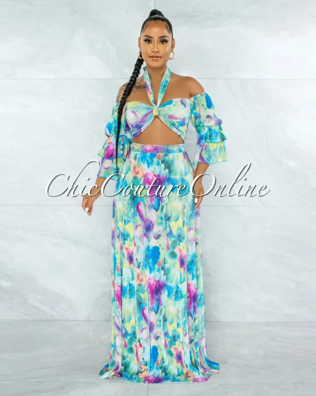 *Godana Green Multi-Color Ruffle Top & Maxi Skirt Ribbed Set sold by chic