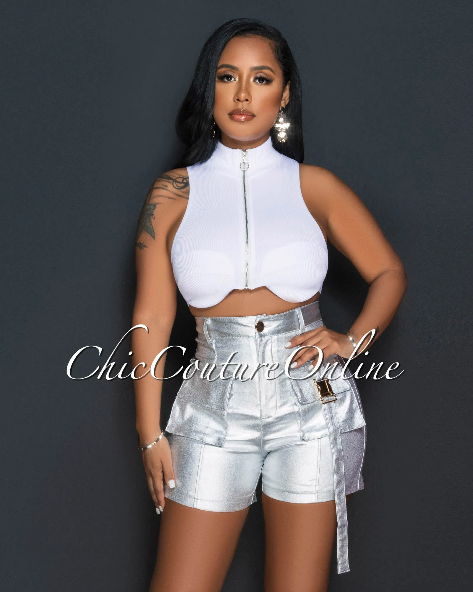 *Lumanie White Front Zipper Ribbed Crop Top sold by Chic Couture