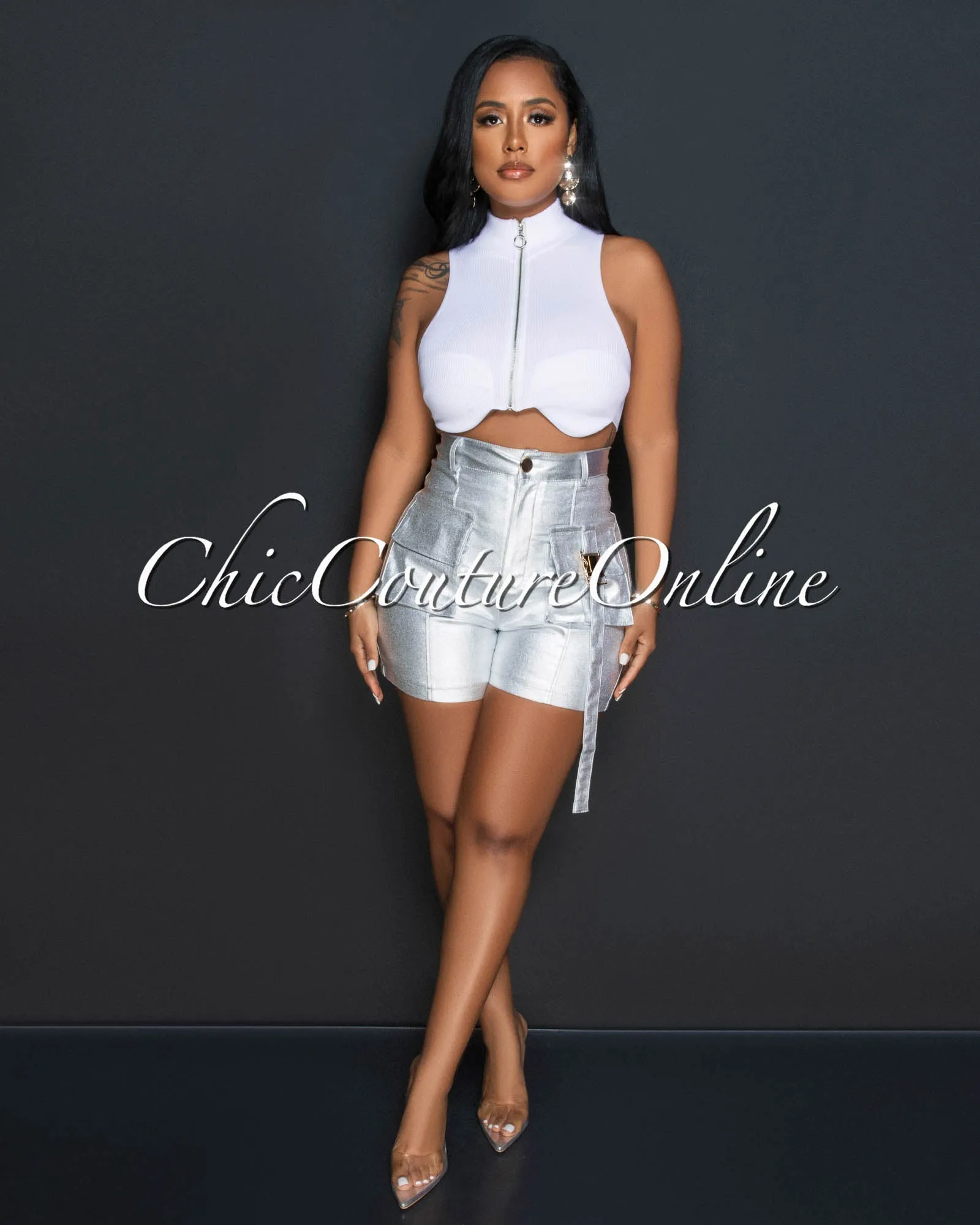 *Lumanie White Front Zipper Ribbed Crop Top sold by Chic Couture product image thumbnail 2