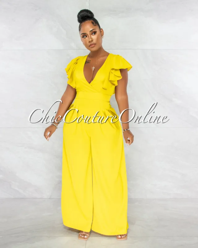 *Piper Lime Yellow Ruffle Neckline Wide Legs Jumpsuit sold by Chic Couture