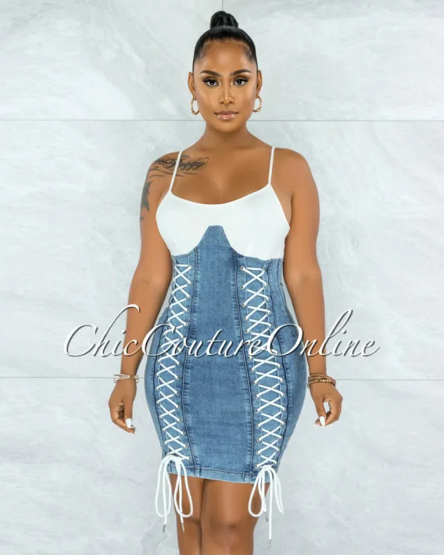 *Adela Light Denim White Cups Overall Illusion Lace-Up Dress sold by chic