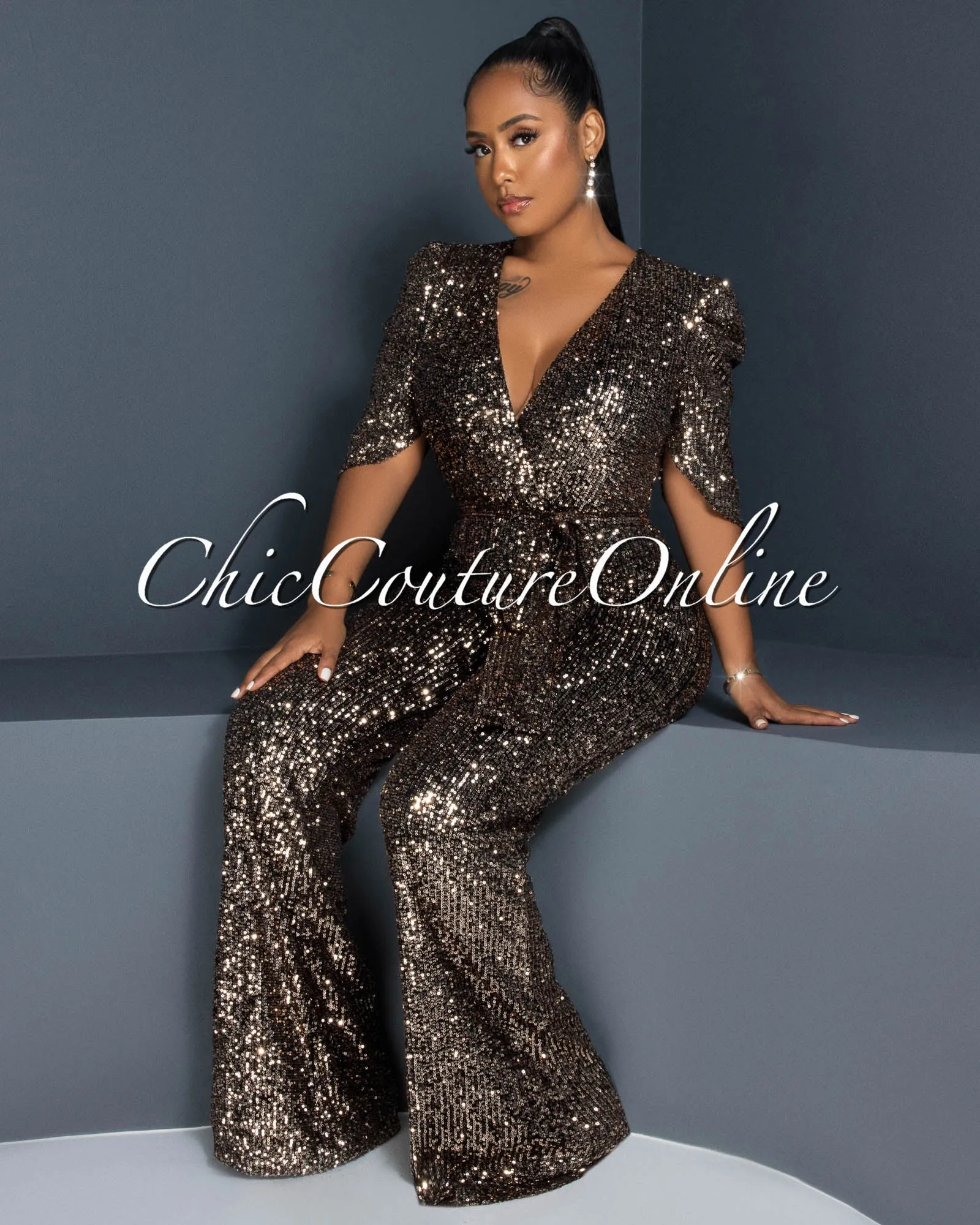 *Mellie Gold Black Sequins Bubble Sleeves Jumpsuit sold by Chic Couture product image thumbnail 2