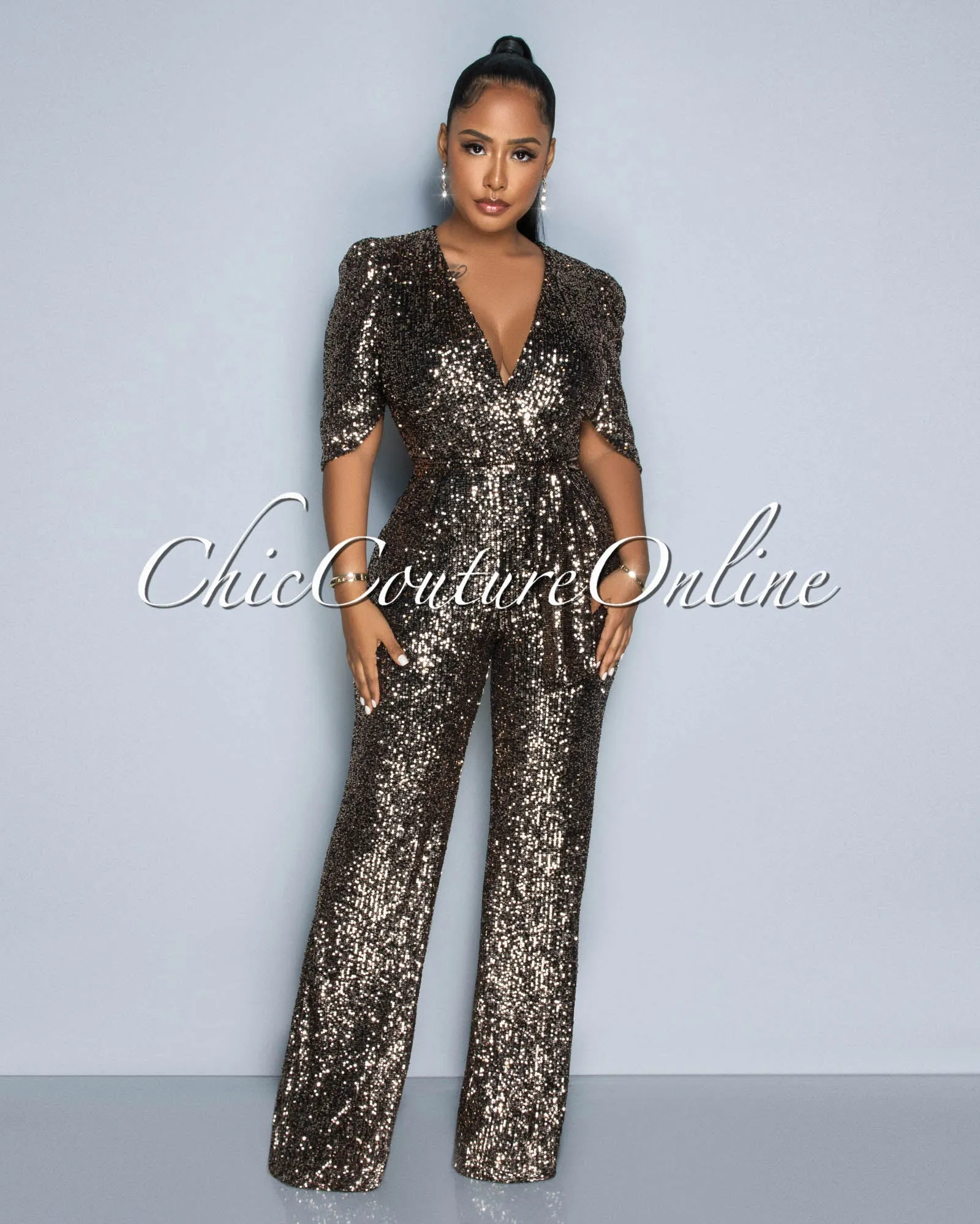 *Mellie Gold Black Sequins Bubble Sleeves Jumpsuit sold by Chic Couture product image thumbnail 4