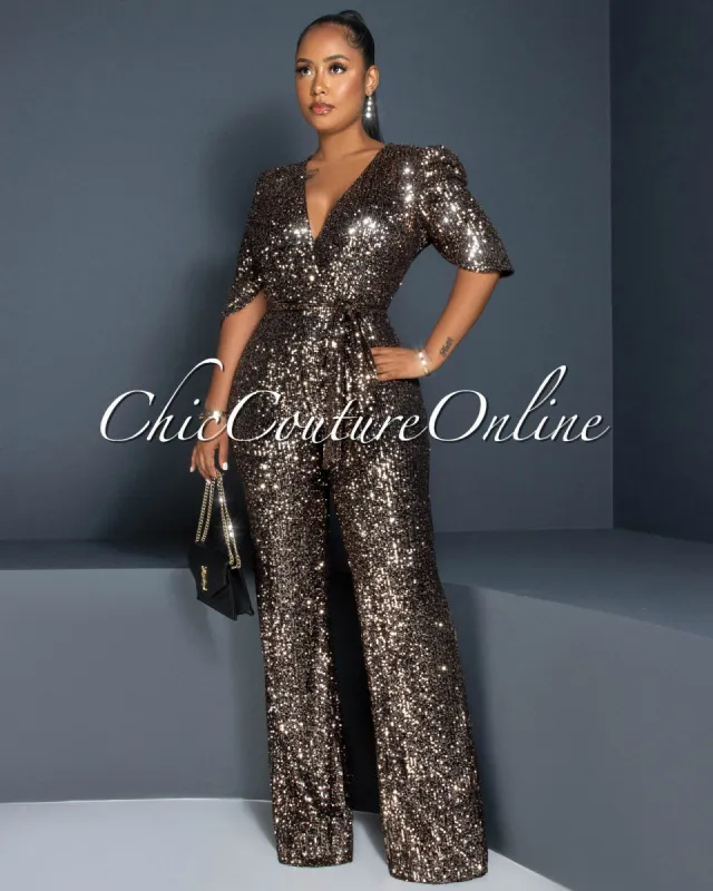 *Mellie Gold Black Sequins Bubble Sleeves Jumpsuit sold by Chic Couture