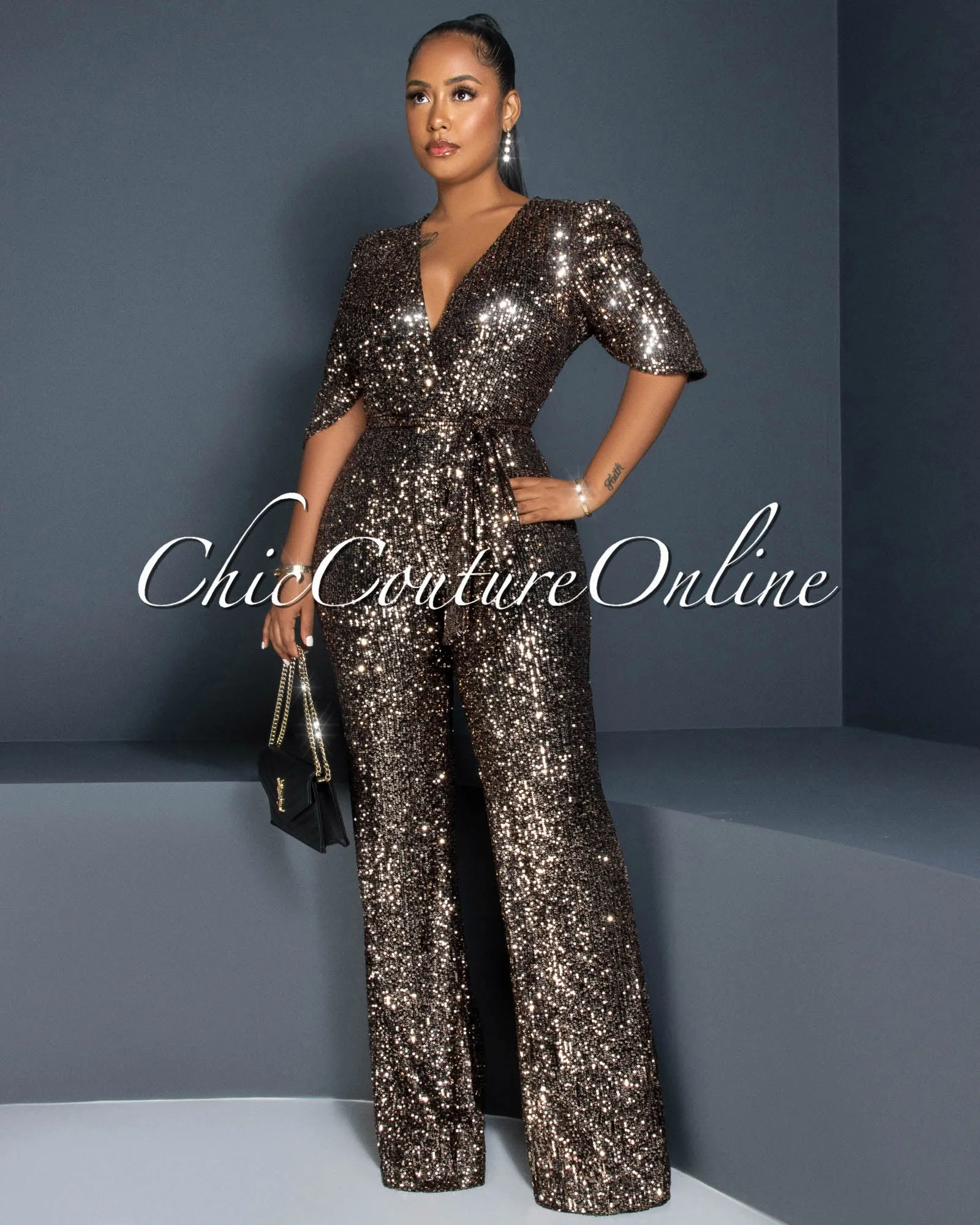 *Mellie Gold Black Sequins Bubble Sleeves Jumpsuit sold by Chic Couture