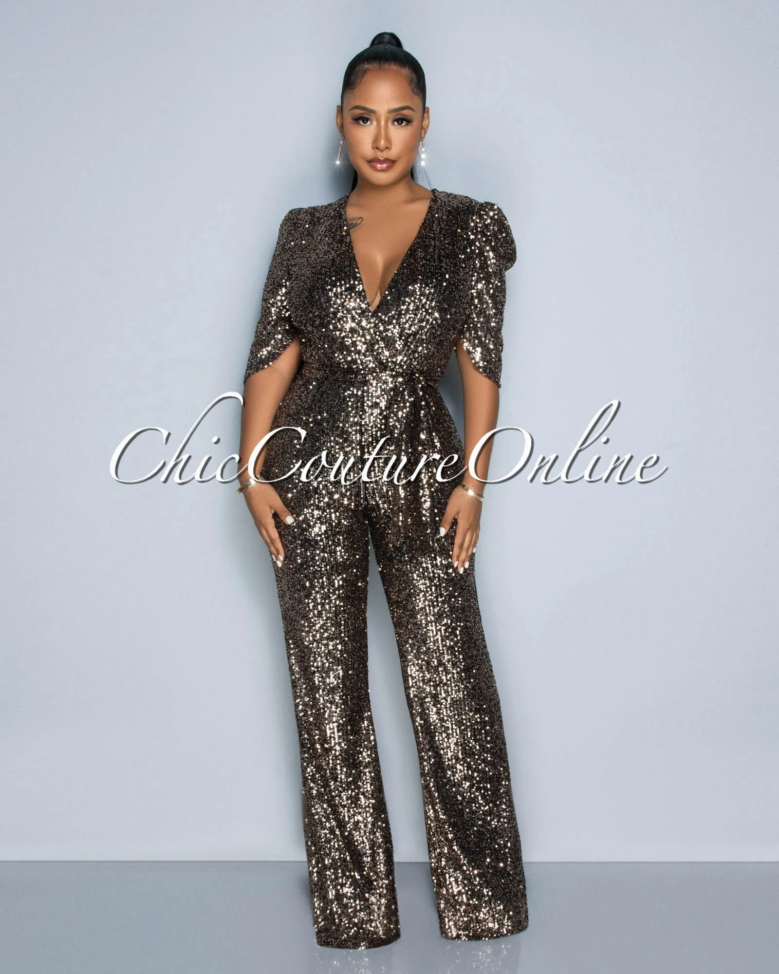 *Mellie Gold Black Sequins Bubble Sleeves Jumpsuit sold by Chic Couture product image thumbnail 3