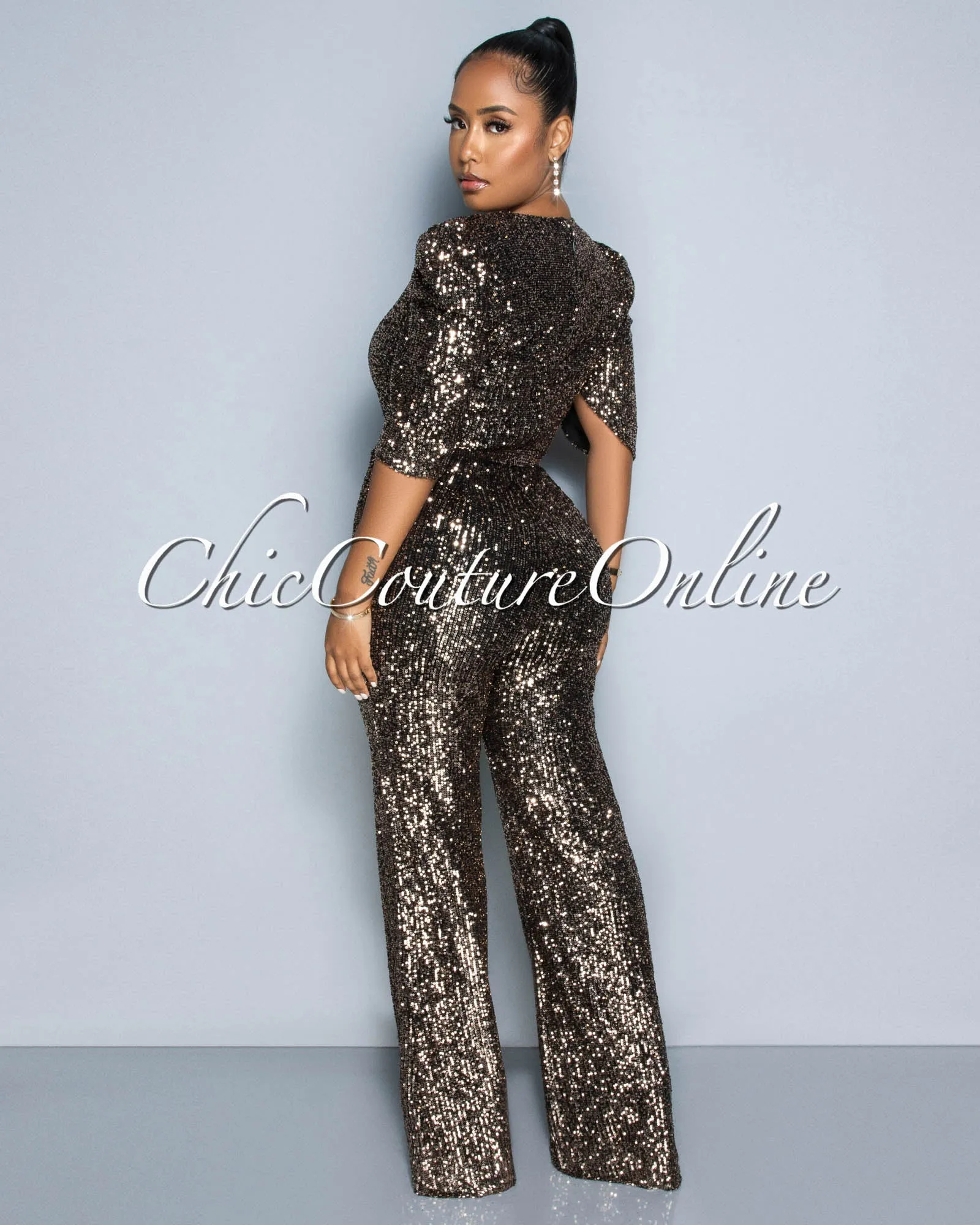 *Mellie Gold Black Sequins Bubble Sleeves Jumpsuit sold by Chic Couture product image thumbnail 5
