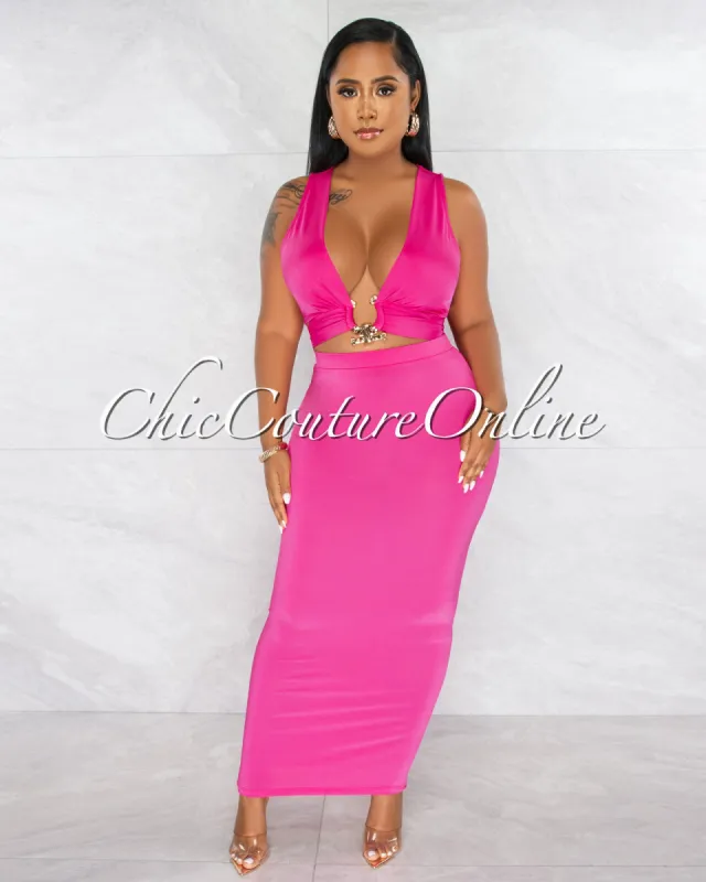 *Samina Fuchsia Gold Accent Crop Top & Maxi Skirt Set sold by Chic Couture