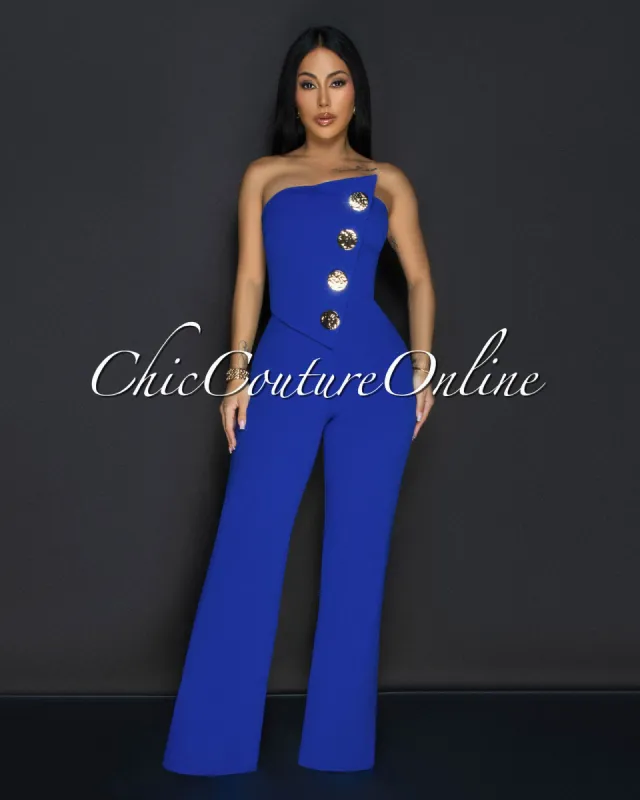 Amiri Royal-Blue Gold Accent Button Strapless Jumpsuit sold by Chic Couture