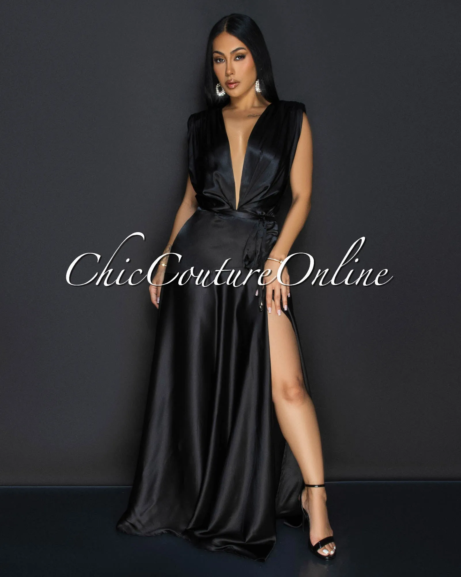 Leyla Black Sleeveless Silky Maxi Dress sold by Chic Couture