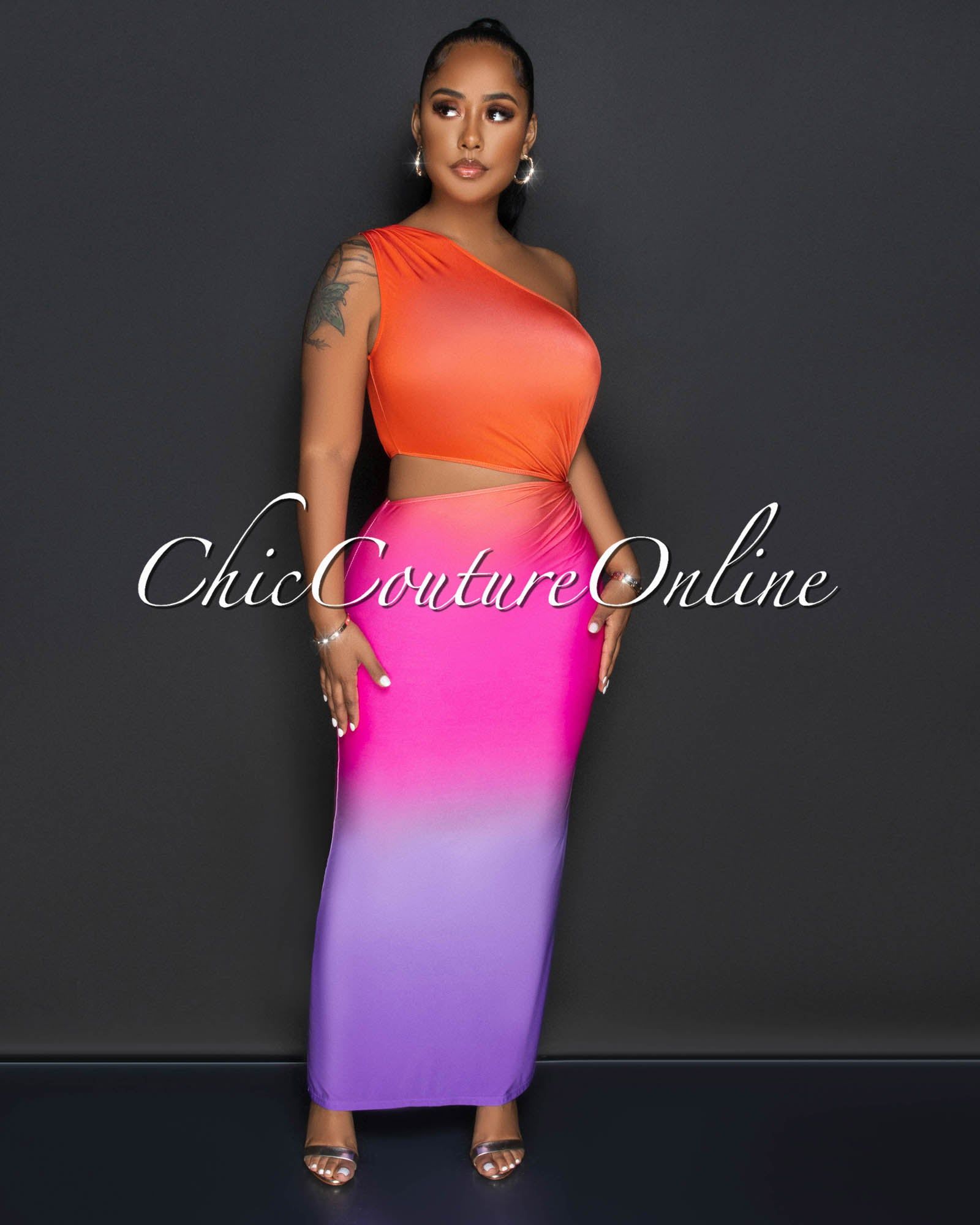 Ulicia Orange Lilac Ombre Single Shoulder Cut-Out Midi Dress sold by Chic Couture product image thumbnail 2