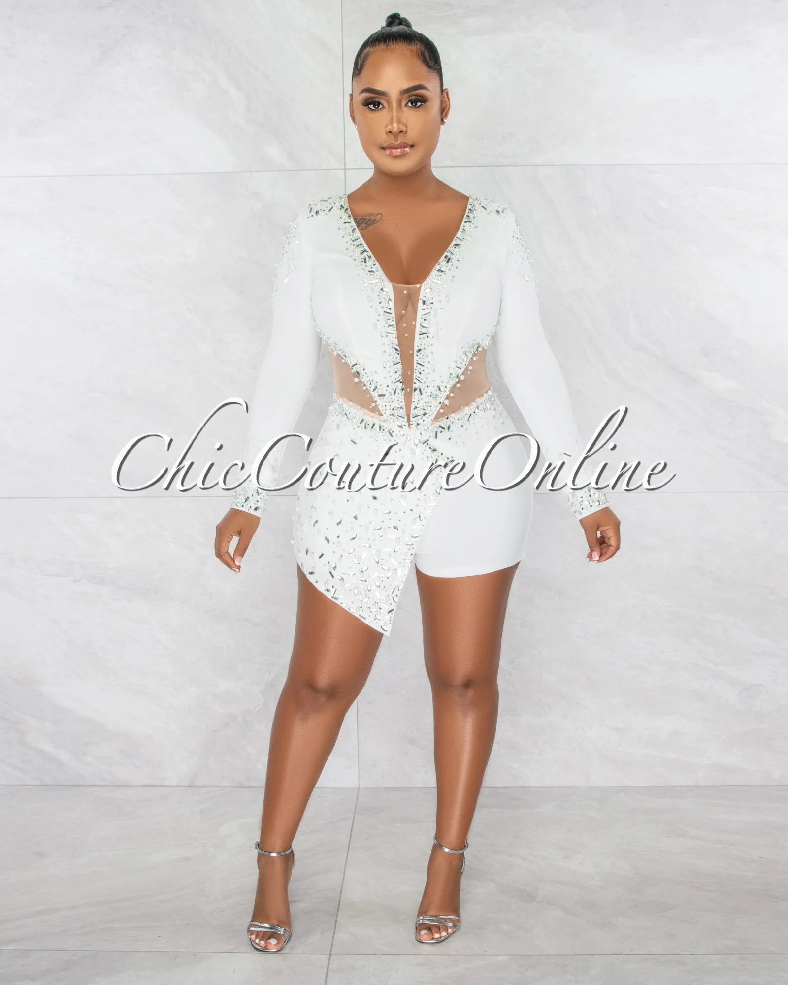 *Sebban Off-White Rhinestones Mesh Accent Romper sold by Chic Couture product image thumbnail 5