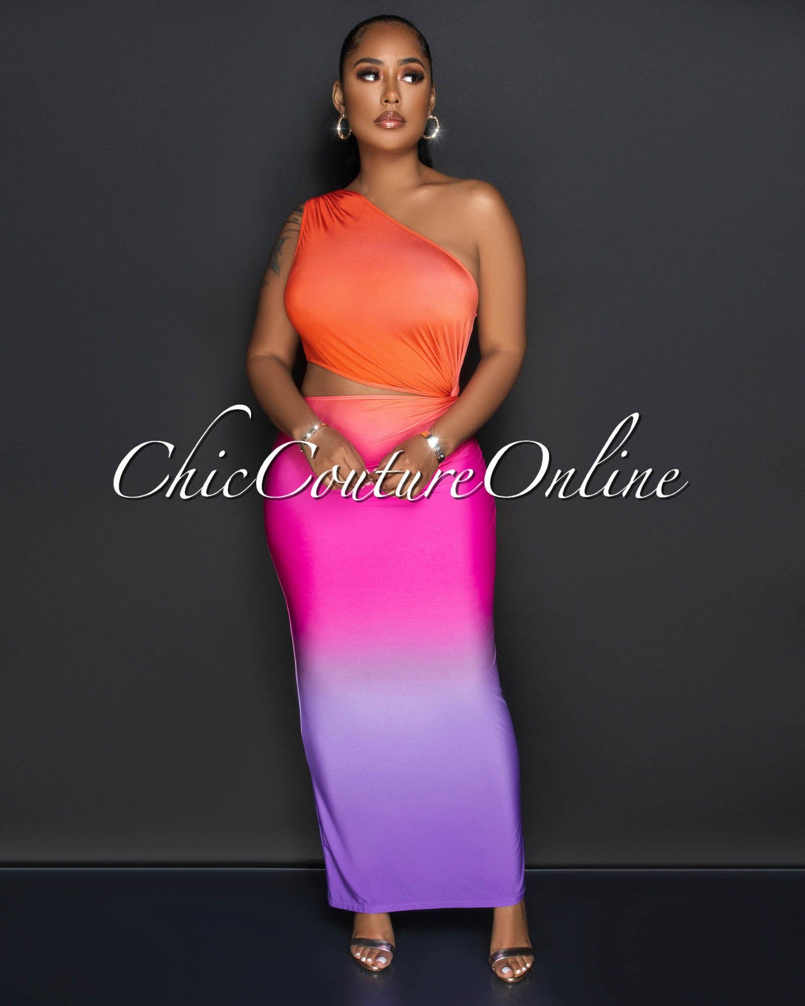 Ulicia Orange Lilac Ombre Single Shoulder Cut-Out Midi Dress sold by Chic Couture product image thumbnail 3