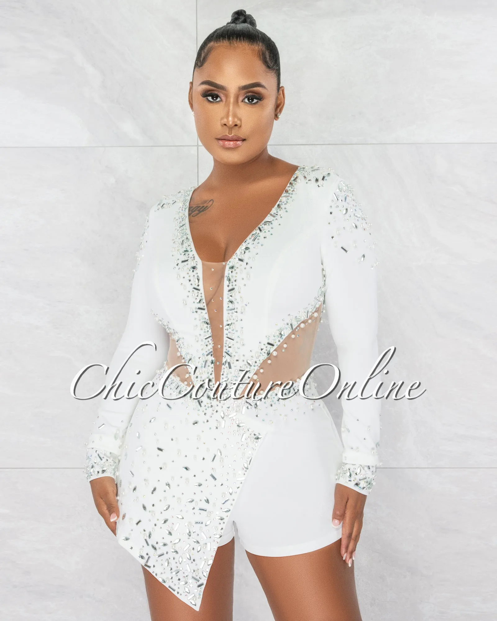 *Sebban Off-White Rhinestones Mesh Accent Romper sold by Chic Couture product image thumbnail 4