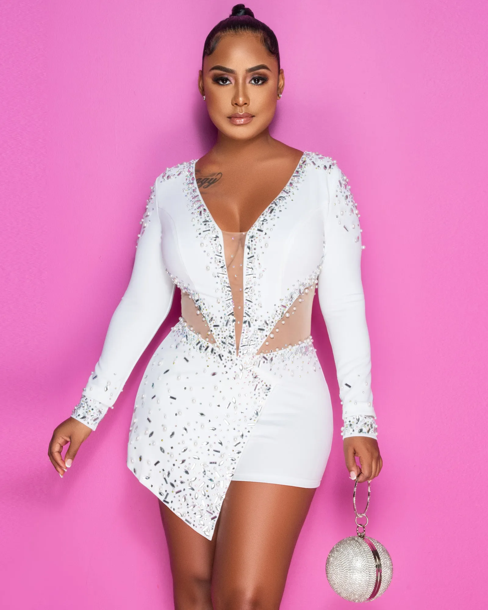 *Sebban Off-White Rhinestones Mesh Accent Romper sold by Chic Couture