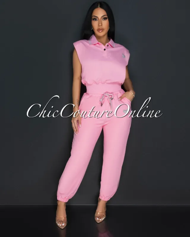 Arius Pink & Silver Rhinestones Tennis Joggers Set made by Chic Couture
