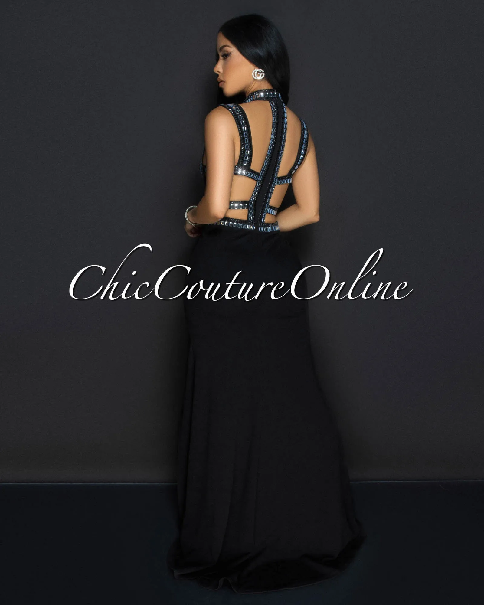 Romea Black Rhinestones Cut Out Maxi Dress sold by Chic Couture product image thumbnail 2