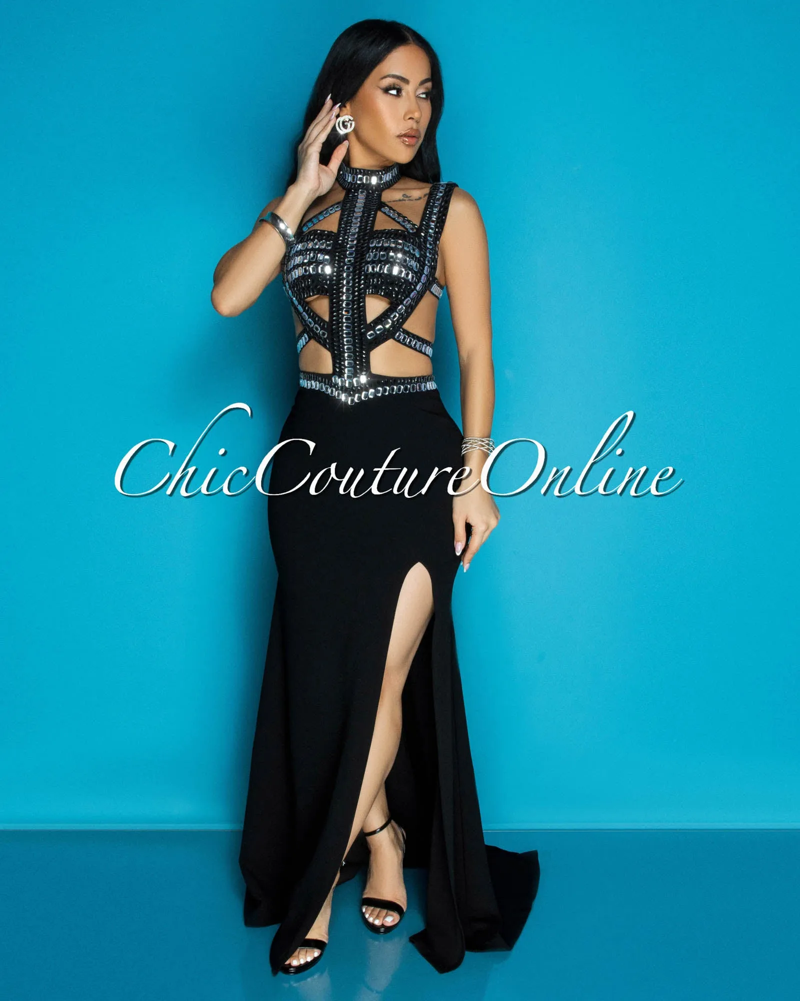 Romea Black Rhinestones Cut Out Maxi Dress sold by Chic Couture product image thumbnail 3