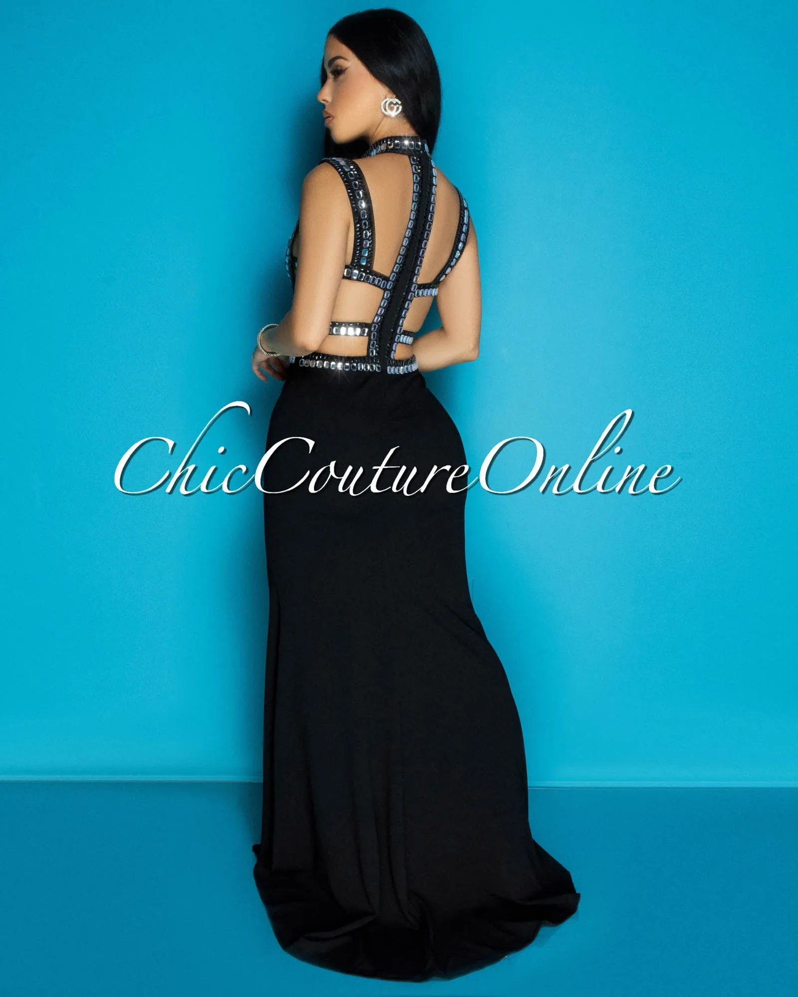 Romea Black Rhinestones Cut Out Maxi Dress sold by Chic Couture product image thumbnail 5