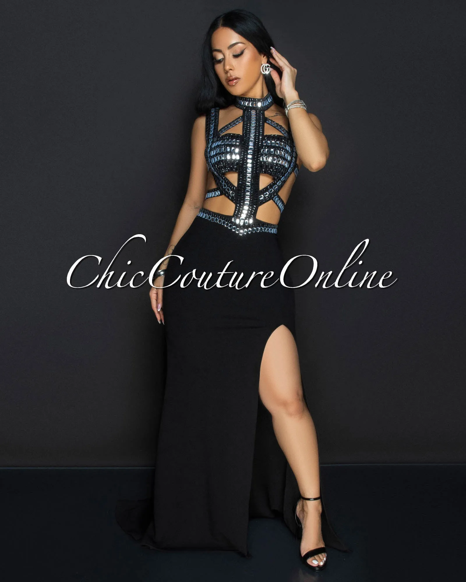 Romea Black Rhinestones Cut Out Maxi Dress sold by Chic Couture