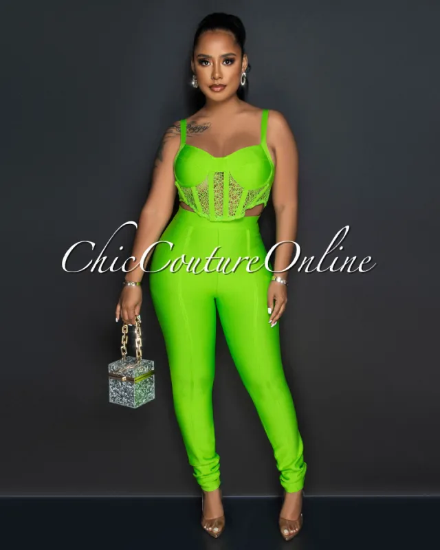 *Adrina Lime Corset Lace Top & Pants Bandage Set sold by Chic Couture