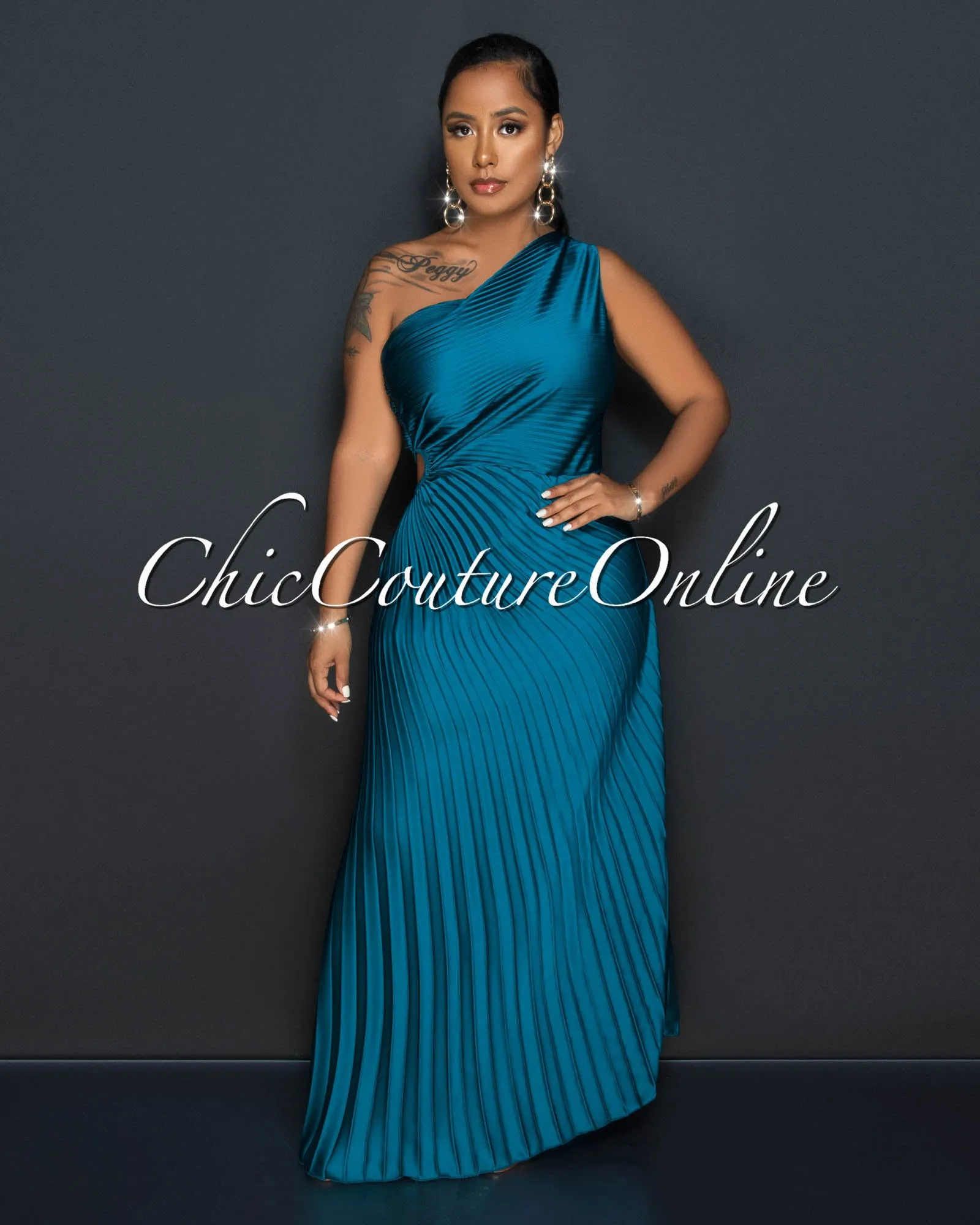 Genevieve Teal Pleated Single Shoulder Silky Maxi Dress sold by Chic Couture