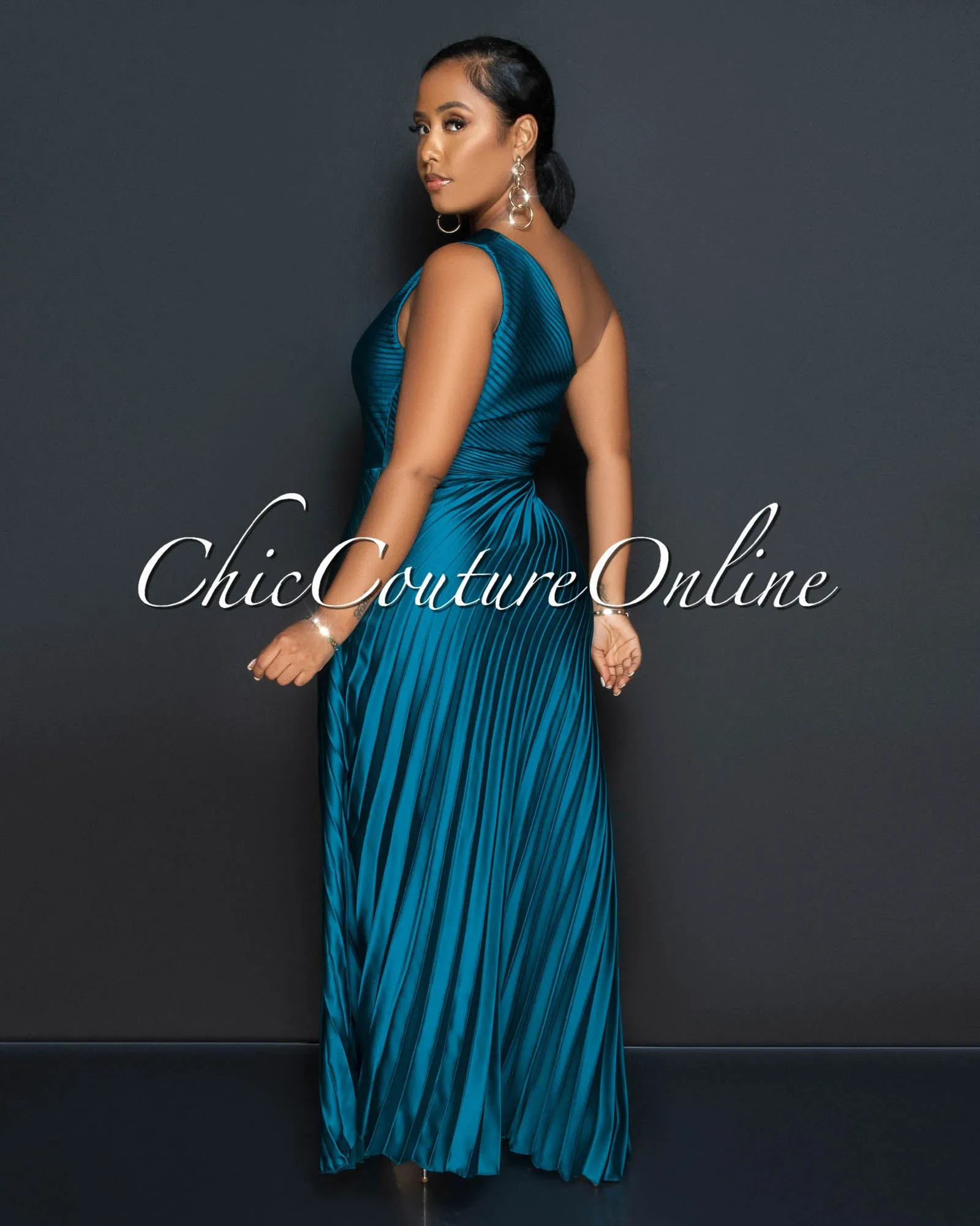 Genevieve Teal Pleated Single Shoulder Silky Maxi Dress sold by Chic Couture product image thumbnail 3