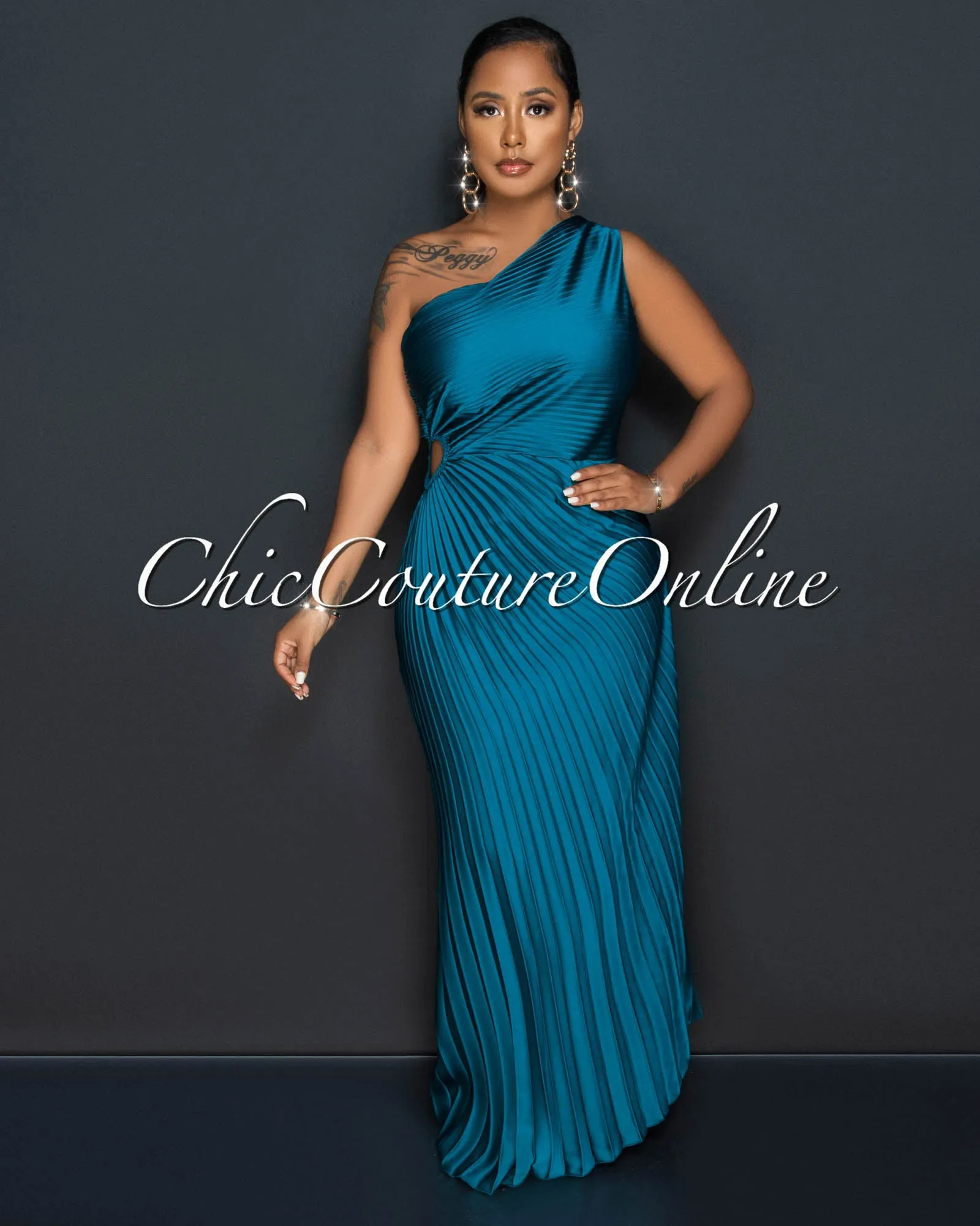 Genevieve Teal Pleated Single Shoulder Silky Maxi Dress sold by Chic Couture product image thumbnail 2