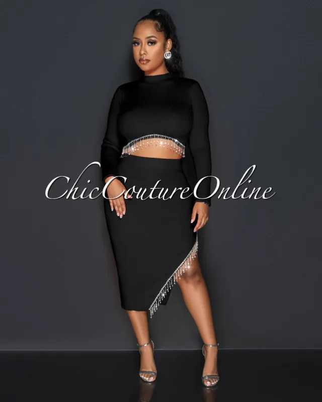 *Nala Black Crop Top & Midi Skirt Rhinestones Fringe Set sold by Chic Couture