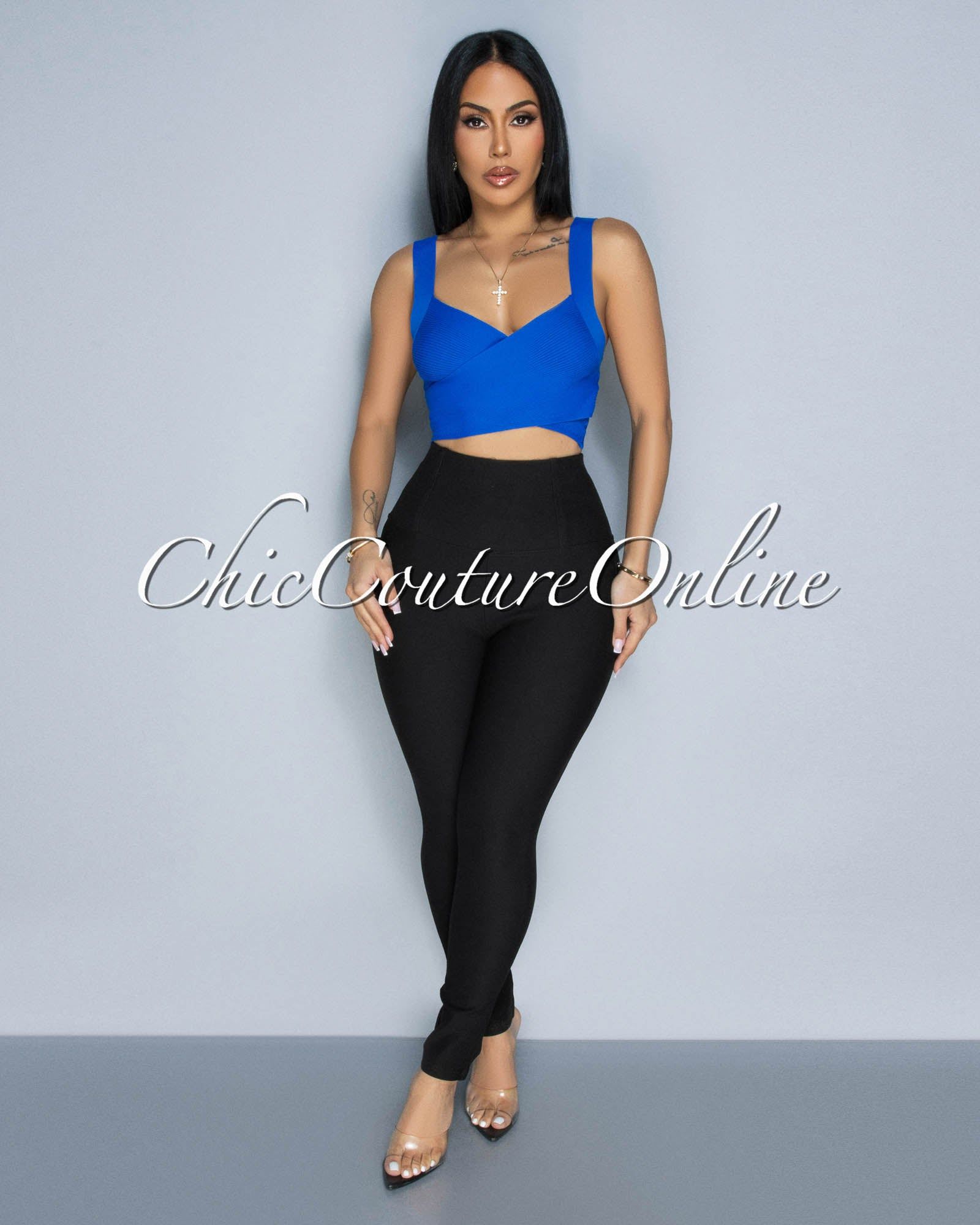 Cherika Blue Cross V-Neck Ribbed Crop Top sold by Chic Couture product image thumbnail 2
