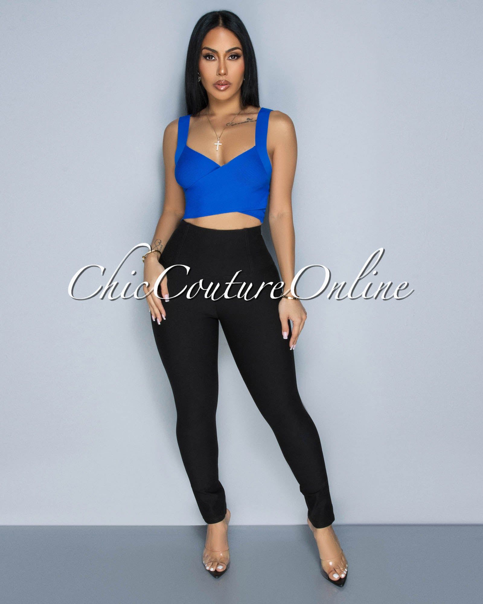 Cherika Blue Cross V-Neck Ribbed Crop Top sold by Chic Couture product image thumbnail 3