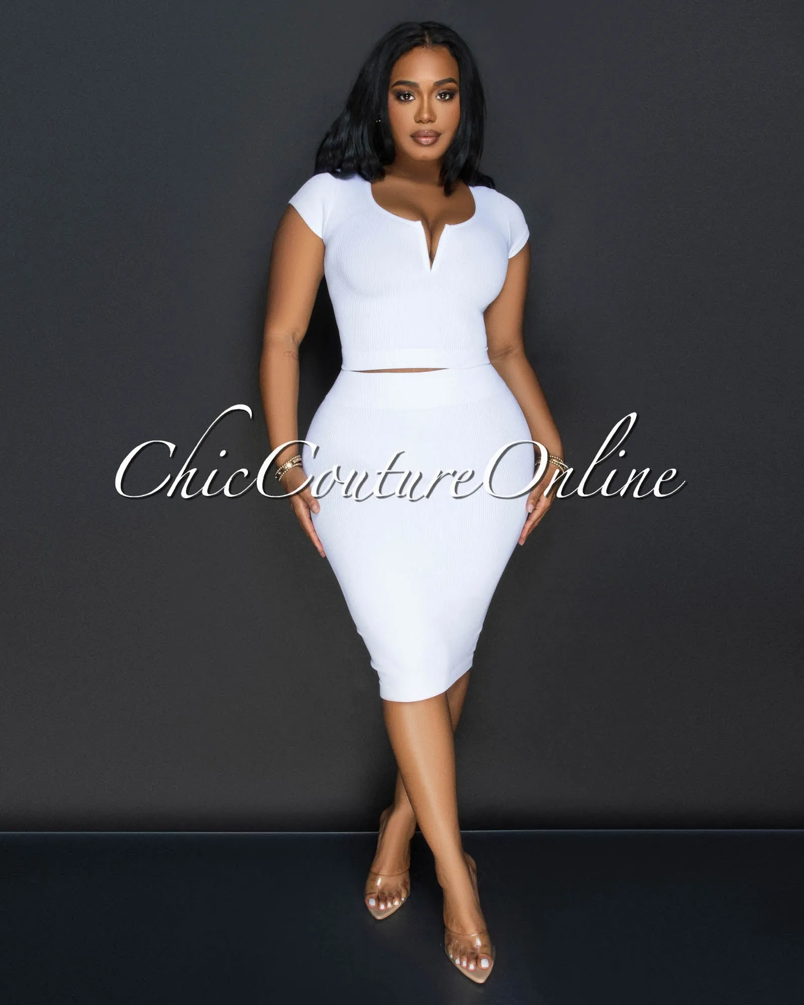 Laury White Ribbed Crop Top & Skirt Sculpting Set sold by Chic Couture