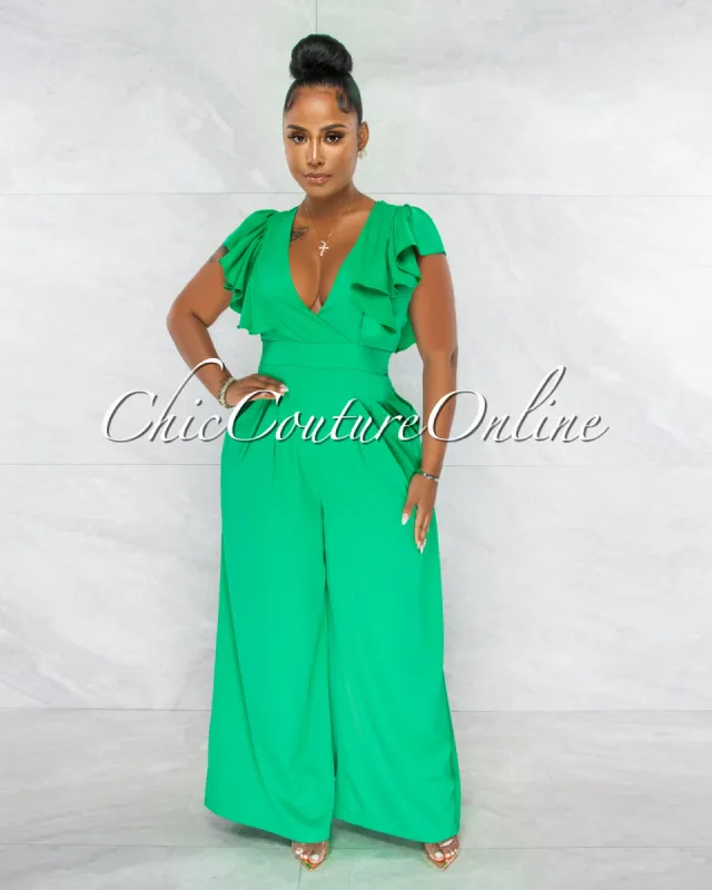 *Piper Kelly Green Ruffle Neckline Wide Legs Jumpsuit sold by Chic Couture