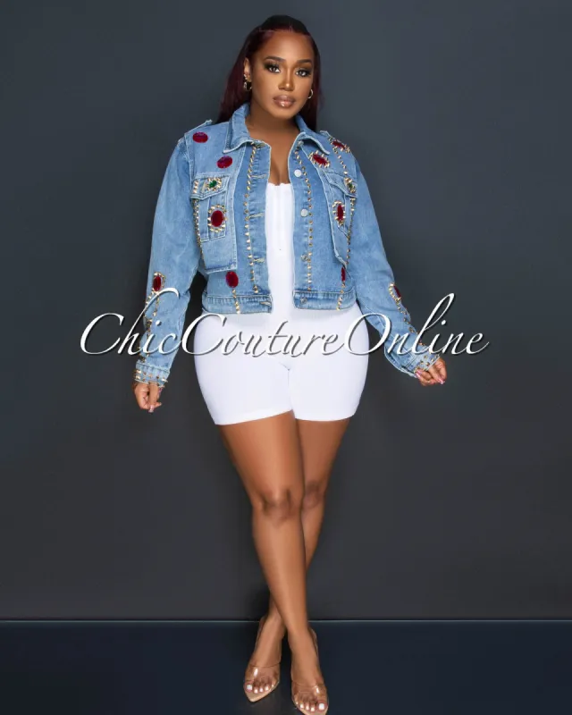 *Pany Medium Denim Colored Rhinestones & Studs Denim Jacket sold by Chic Couture