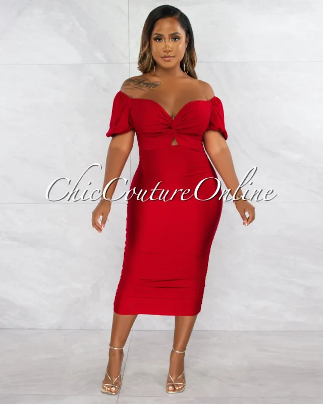 Sandrea Red Bubble Sleeves Ruched Midi Dress sold by chic