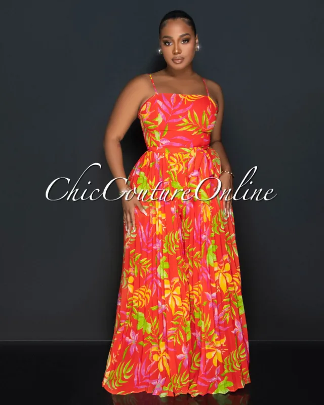*Adhara Orange Floral Print Spaghetti Strap Pleated Jumpsuit sold by Chic Couture