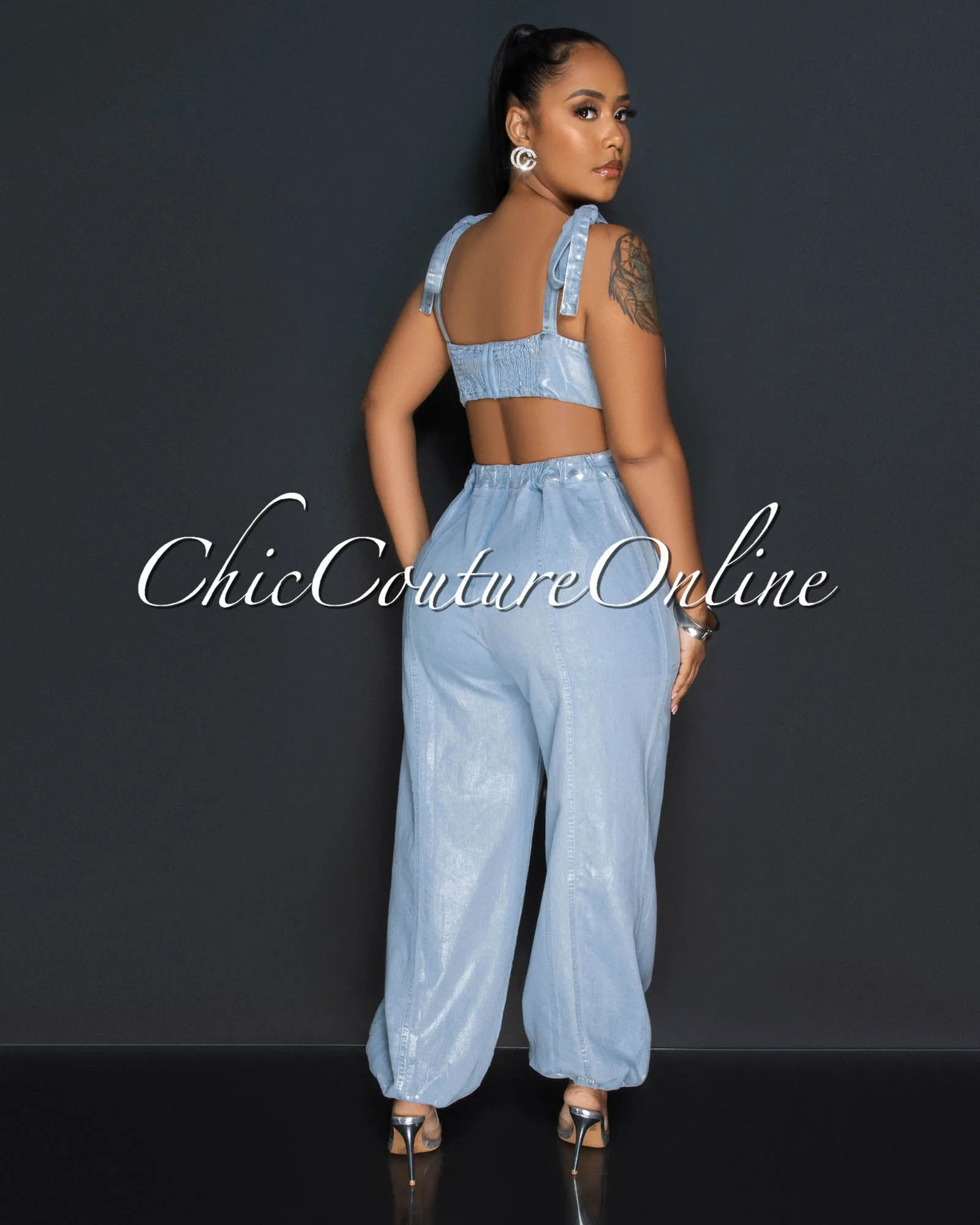 *Lazza Light Denim Silver Foil Back Cut-Out Jumpsuit sold by Chic Couture product image thumbnail 3